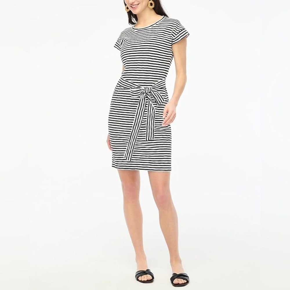 J. Crew Women's Short Sleeve Black White Striped Tie Waist T-Shirt Dress- Size S